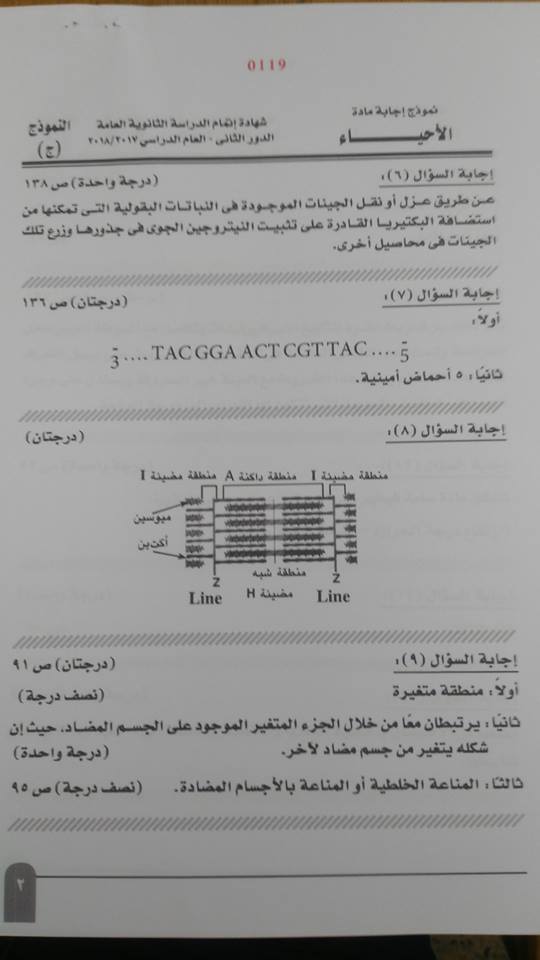 نموذج اجابة امتحان الاحياء دور ثاني 2018