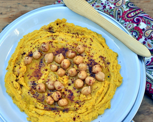 Pumpkin Hummus with Honey ♥ AVeggieVenture.com, traditional chickpea hummus recipe turned pretty, slightly sweet with pumpkin and a drizzle of honey. Weight Watchers Friendly!