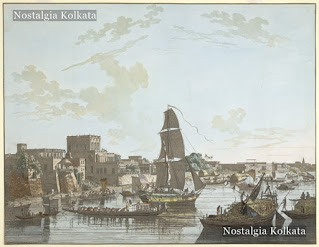 View of vessels including pinnace-budgerow, pleasure boat and native bazras on the river Hooghly and Hindu buildings including houses and warehouses of wealthy merchants, Calcutta, 1788