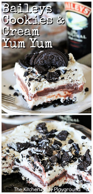 No-Bake Baileys Cookies & Cream Yum Yum ~ Creamy layers of Baileys-laced chocolate pudding & whipped cream sandwiched between Oreo cookie crumbles make for one decadently delicious dessert. a perfect creamy treat for the Baileys lover to enjoy on St. Patrick's Day or any day of the year!  www.thekitchenismyplayground.com