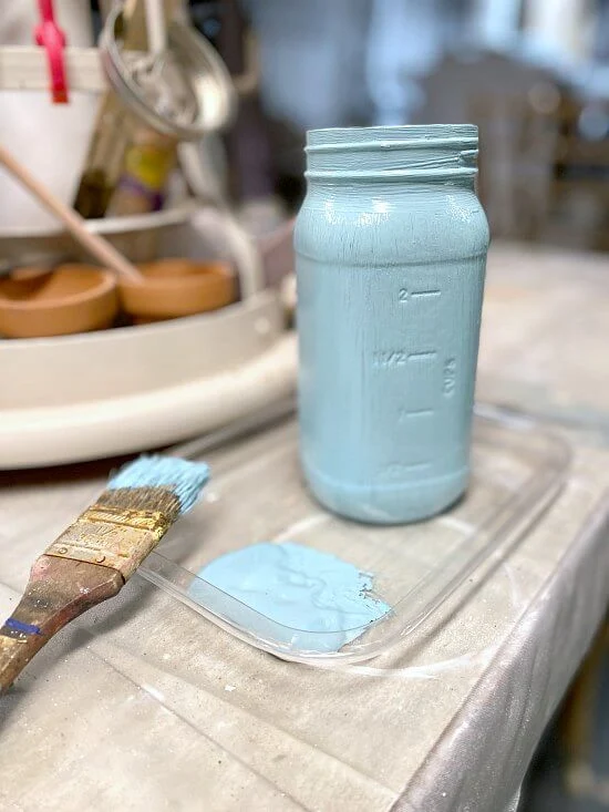 Painted Blue Mason Jar Vase with a Transfer Design