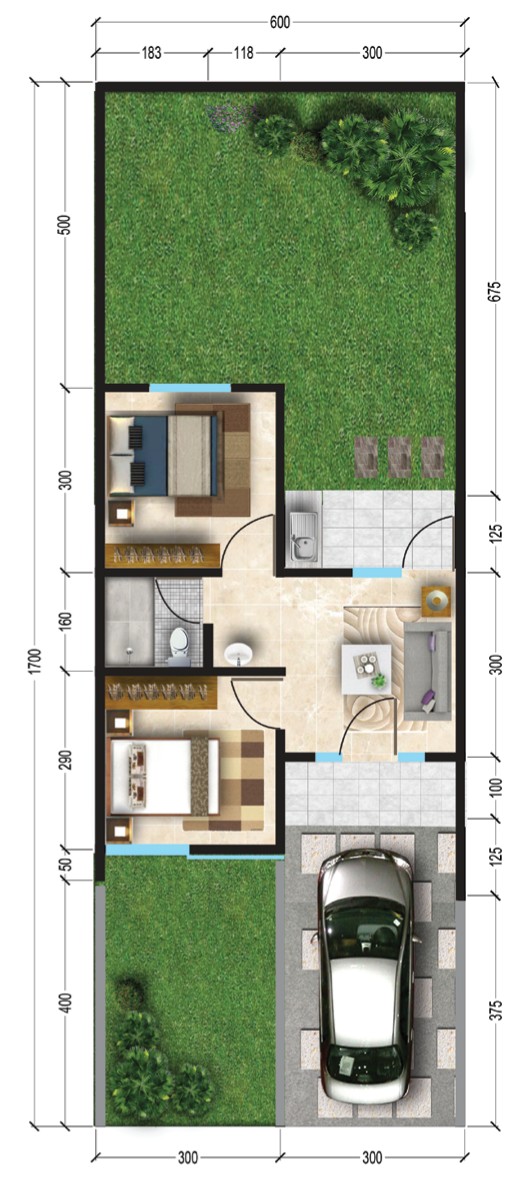 Lingkar Warna Denah Rumah Minimalis Ukuran 6x17 Meter 2 Kamar