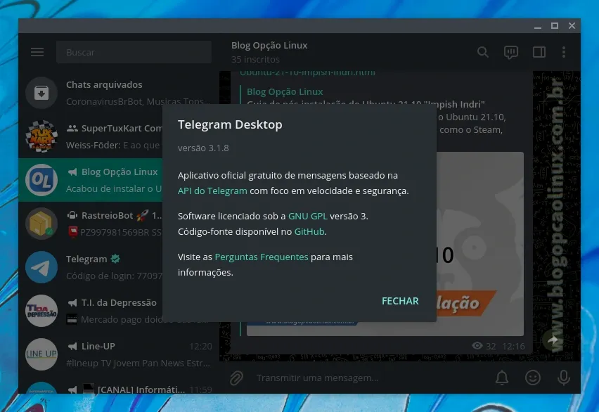 Telegram executando no Fedora 35 Workstation