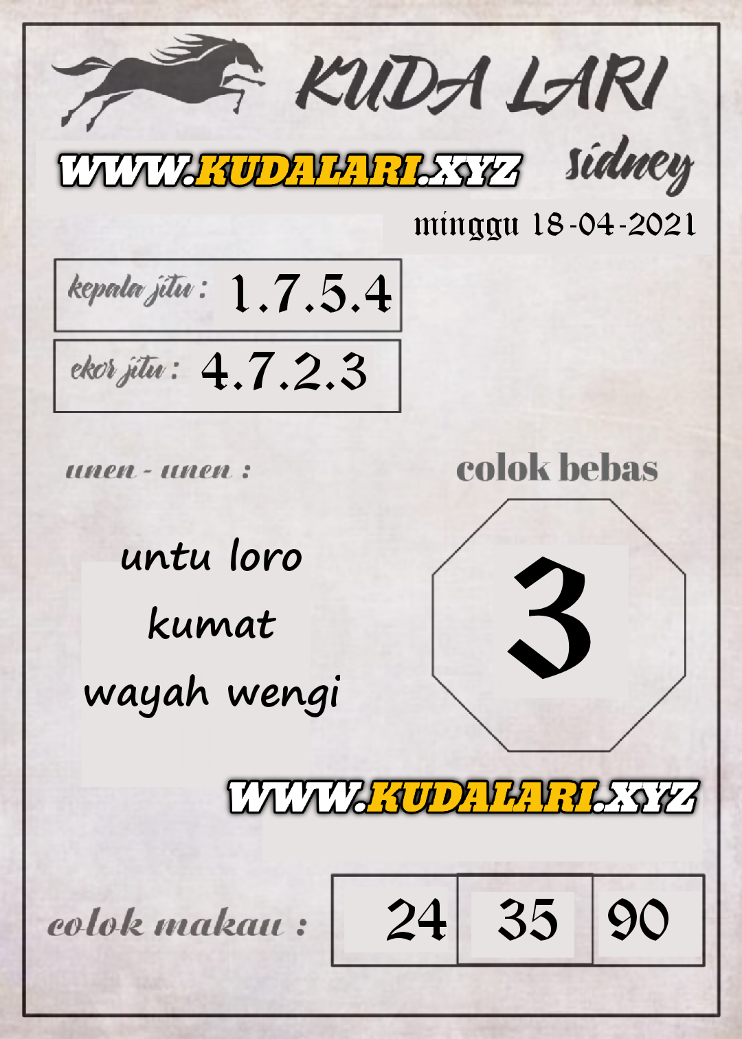 Syair Kudalari Sydney Minggu 18 April 2021 Syair Kuda Lari
