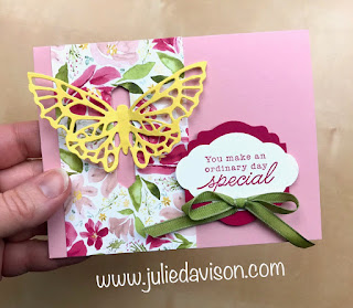 RETIRING!! Stampin' Up! Springtime Impression Butterfly Pull-Through Card with VIDEO Tutorial ~ www.juliedavison.com #stampinup