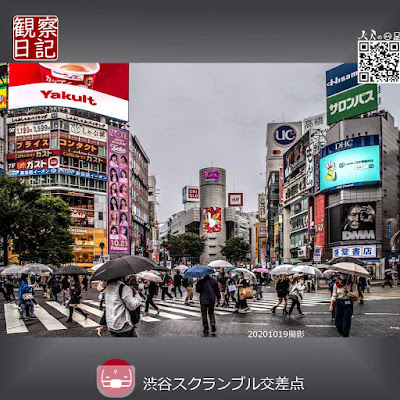 20201019の雨降る渋谷交差点の写真です。月曜日の昼間ですが若者の姿も多い。