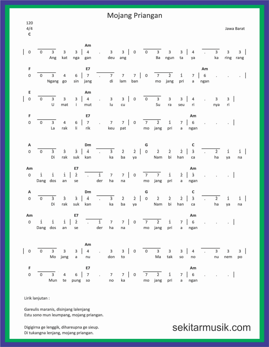 Not Angka Lagu Mojang Priangan Sekitar Musik