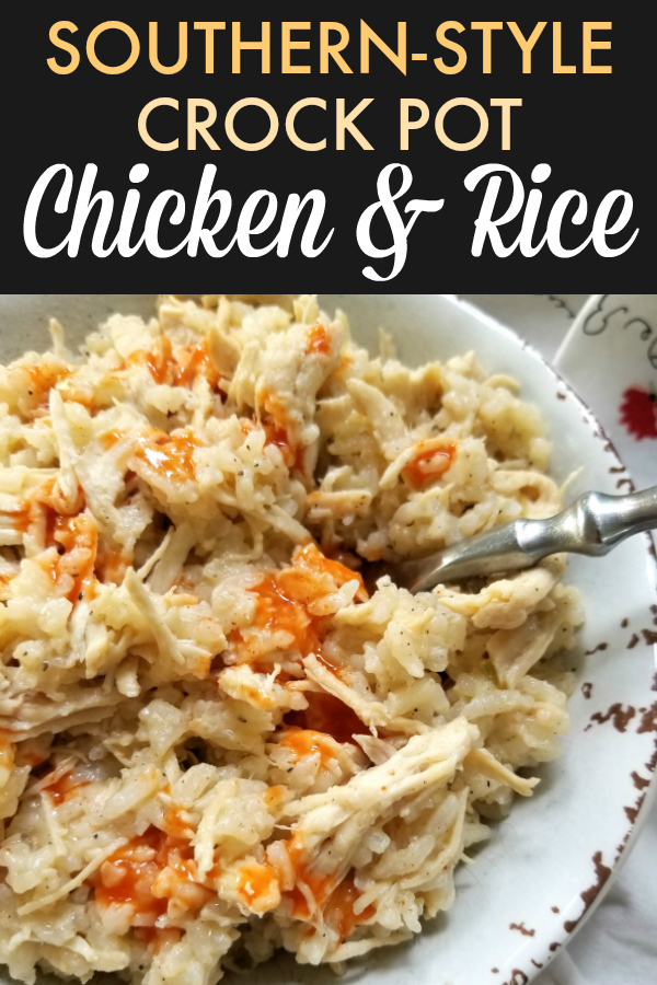 Southern Style Crock Pot Chicken & Rice! An easy slow cooker recipe for a Carolina favorite made with tender stewed chicken and long grain rice. No precooking the chicken and no instant rice – everything cooks in the crock pot! #slowcooker #crockpot #chicken #rice #southern 