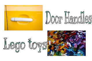 This image shows uses of acrylonitrile butadiene styrene in door Handles and lego toys.