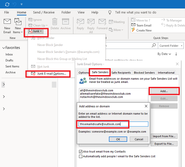 Aggiungi e-mail all'elenco dei mittenti attendibili di Outlook