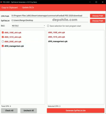 PES 2020 DpFileList Generator Programı İndir CPK Yamaları Yükle