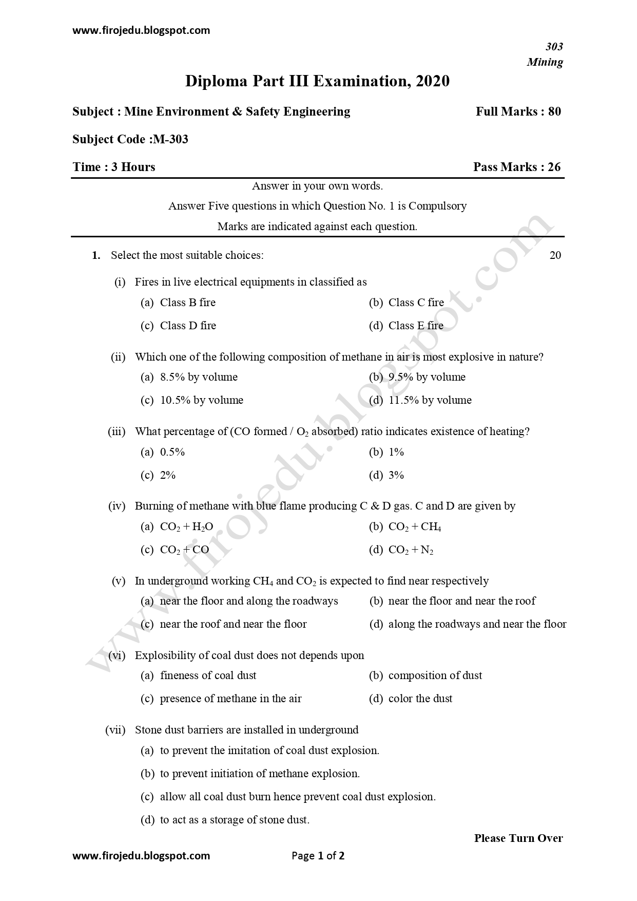 Mine Environment & Safety Engineering 3rd Year Mining (2020_Exam