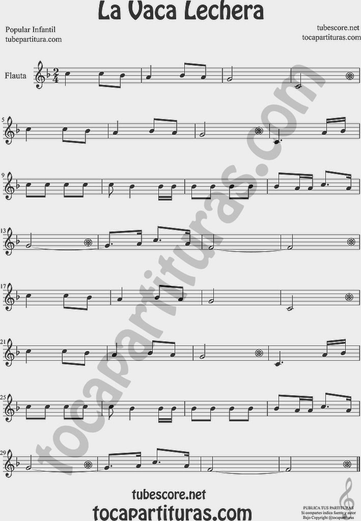  La Vaca Lechera Partitura de Flauta Travesera, flauta dulce y flauta de pico Sheet Music for Flute and Recorder Music Scores