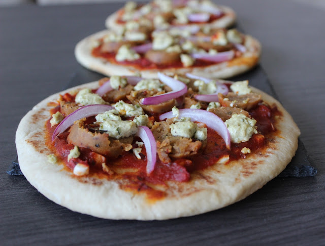 Vegetarian Garlic Naan Pizzas with goat cheese, sausage, & onion | A Hoppy Medium 