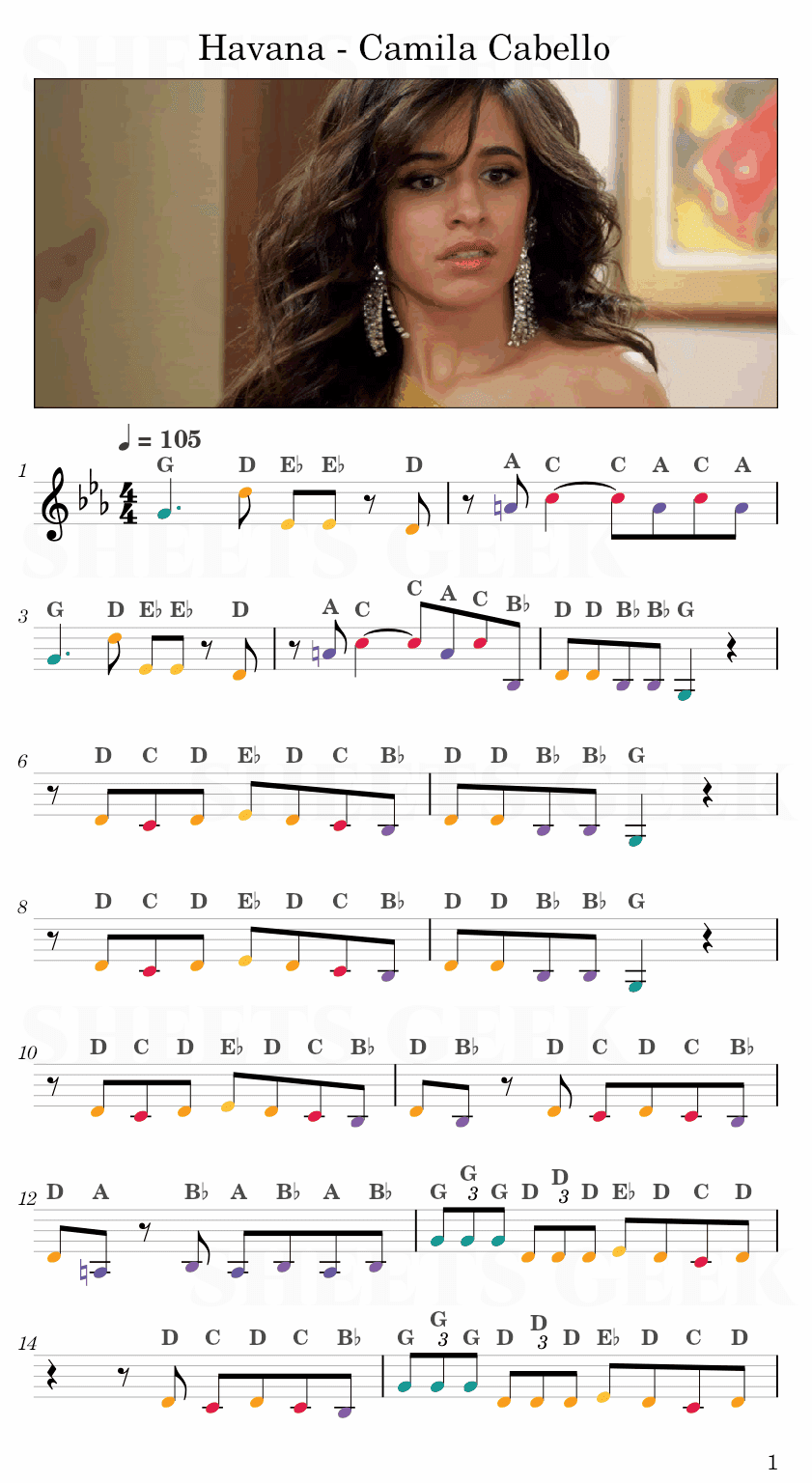 Havana - Camila Cabello Easy Sheet Music Free for piano, keyboard, flute, violin, sax, cello page 1