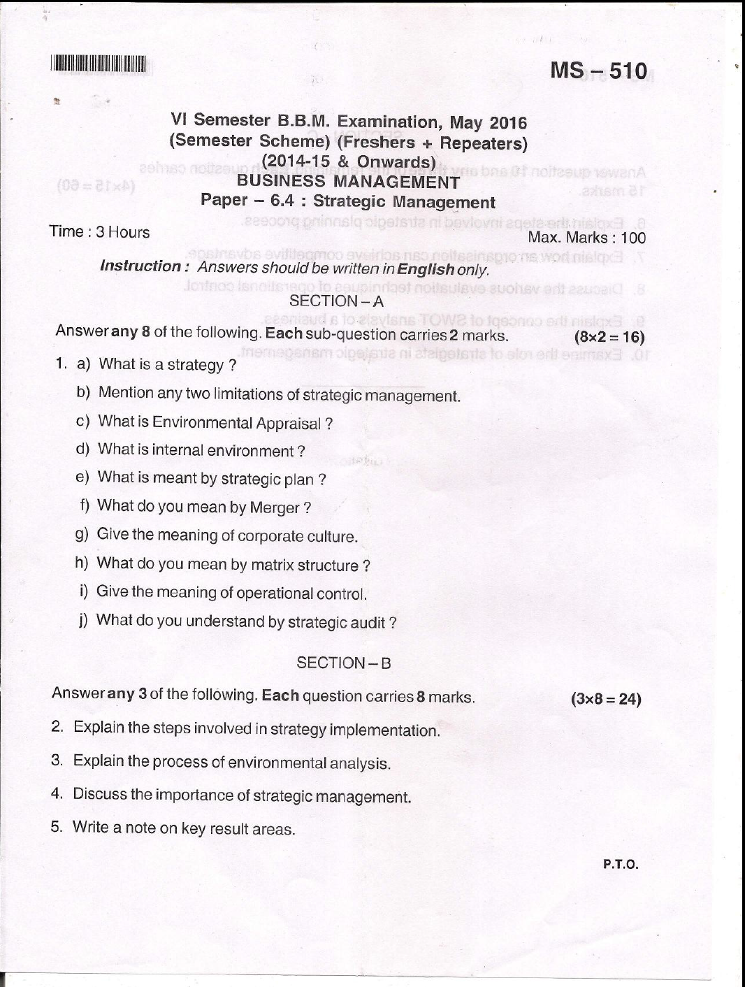 Bangalore University B.B.M. Business Management Paper 6.4 Strategic
