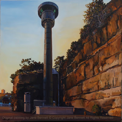 Plein air oil painting of the Harbour Control Tower from the East Darling Harbour Wharf, now Barangaroo painted by Jane Bennett