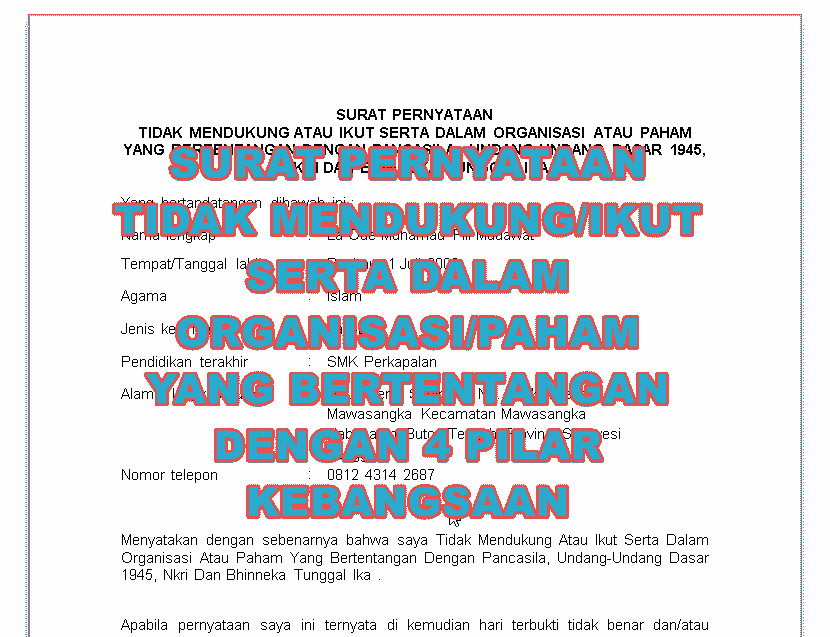 Surat Pernyataan Tidak Mendukung Atau Ikut Serta Dalam