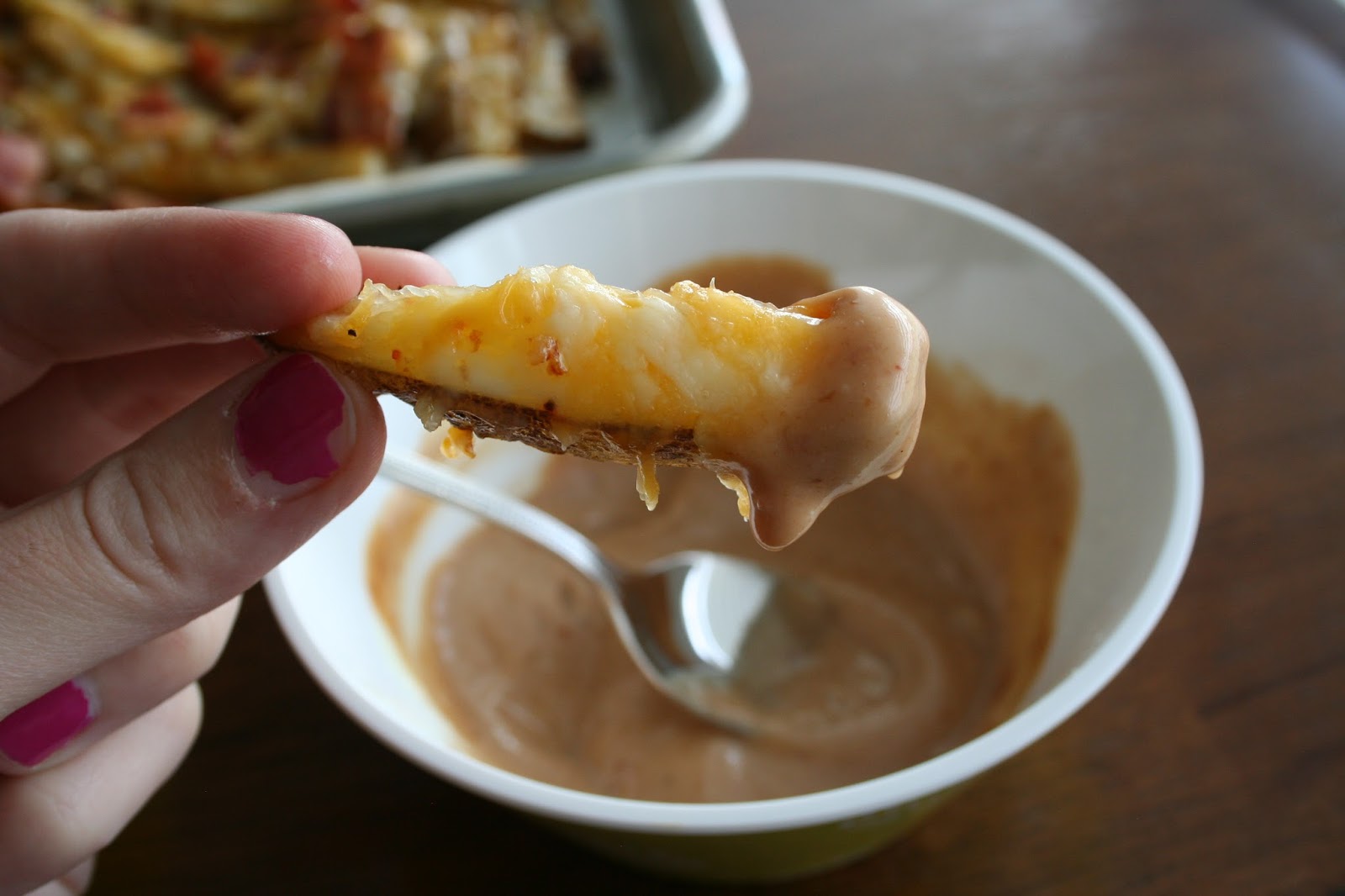 Seasoned Bacon and Cheese Oven Fries with BBQ Fry Sauce