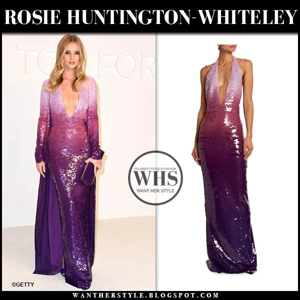 Rosie Huntington-Whiteley in purple sequin ombre gown at Tom Ford show
