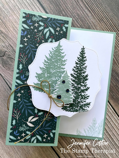 Christmas Z Fold card using Stampin' Up!®'s Evergreen Elegance Bundle.  I also used the Tidings of Christmas designer series paper, Hippo & Friends Dies, Simply Elegant Trim, and the Holiday Rhinestones.  Video, supply list, and measurements on the blog.   Click the photo to go to the blog post!  #StampinUp #StampTherapist #EvergreenElegance