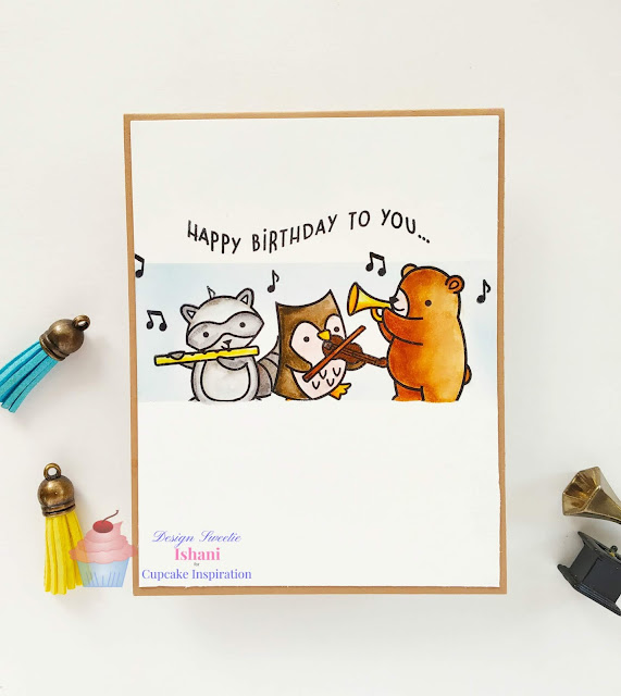 CIC, Lawn Fawn, Zig clean colour brush pens, Birthday card, masculine birthday card, Quillish, masking,  lawn fawn critter's concert stamp card