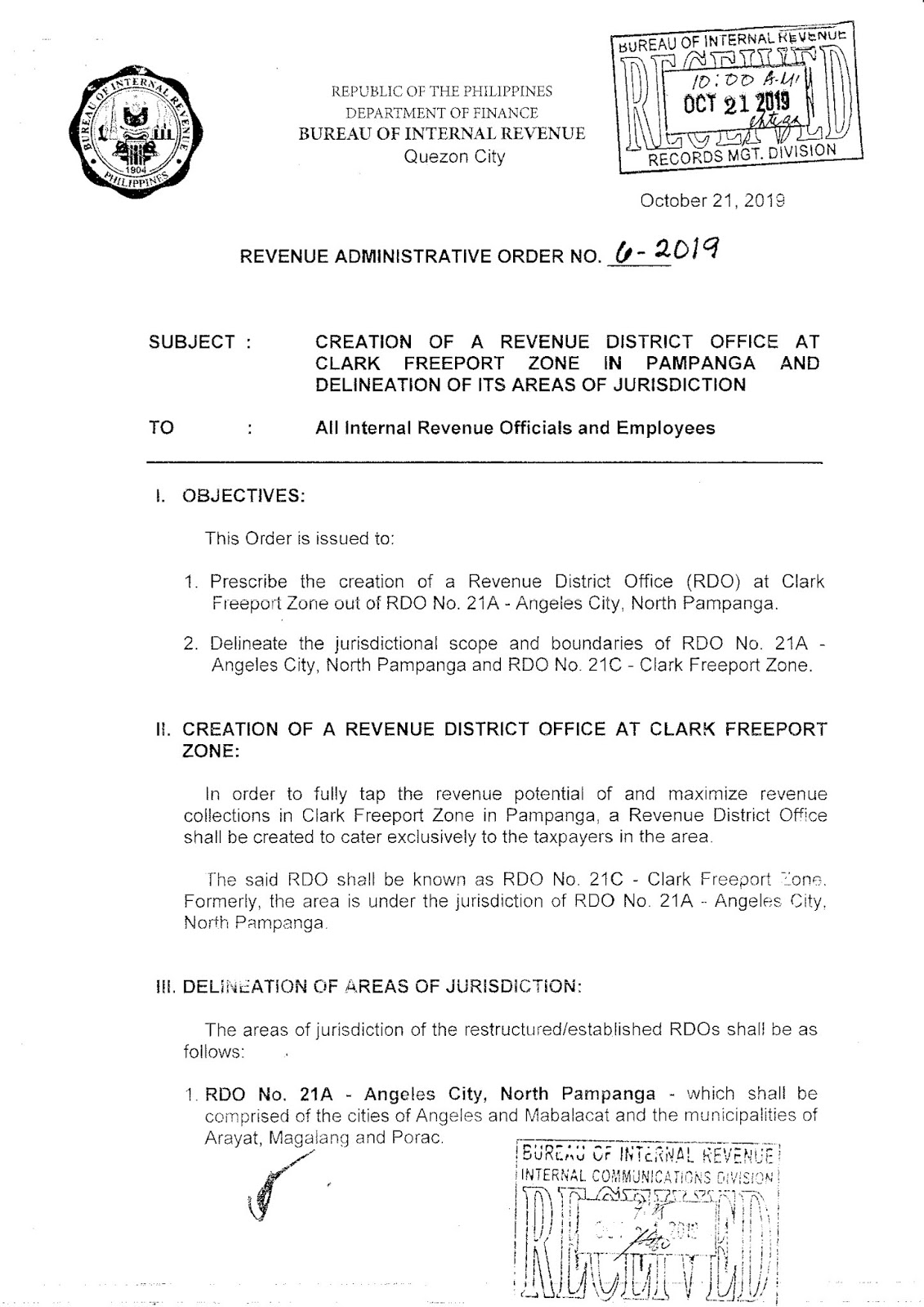 philippine real estate taxation BIR RAMO 62019 Creates a Revenue District Office at Clark