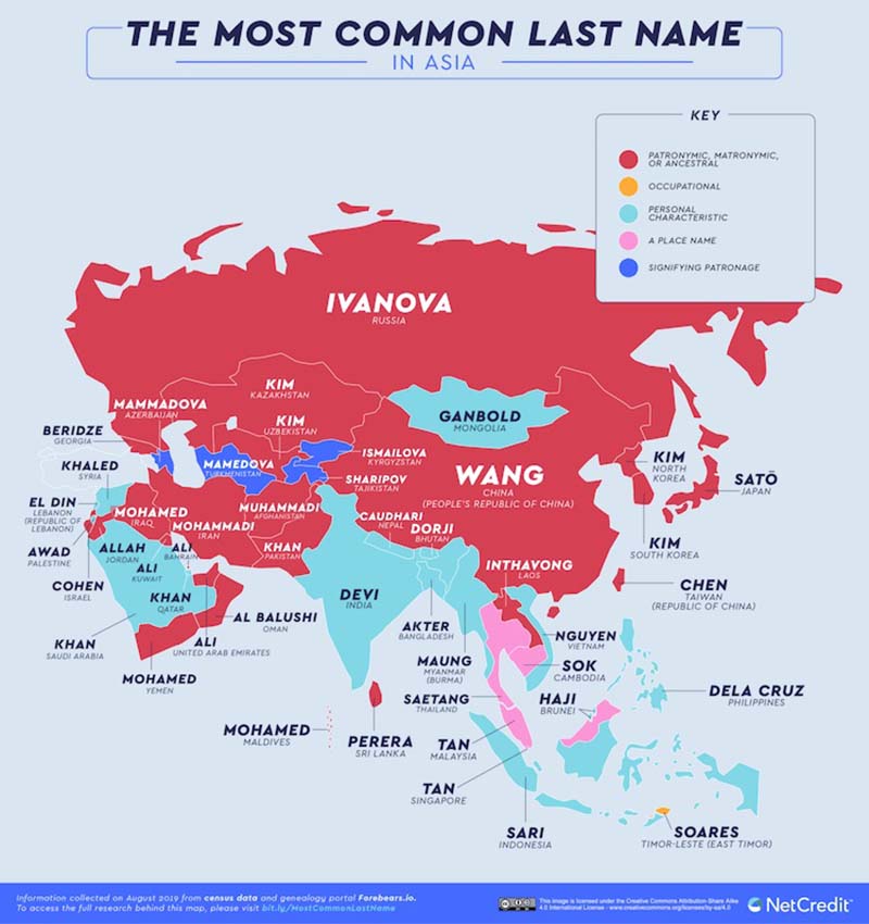 Map Shows The Most Common Surnames Last Name In Different Countries Of The world