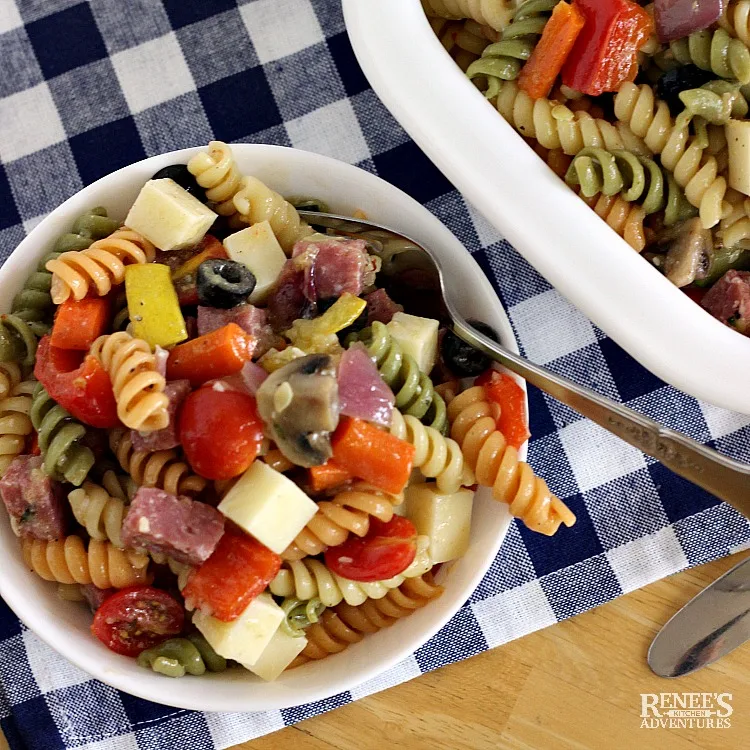Roasted Vegetable Pasta Salad by Renee's Kitchen Adventures in white bowl