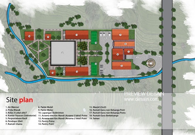 Design Site Plan Pesantren Modern Kantor Asrama Taman Air Mancur - JASA