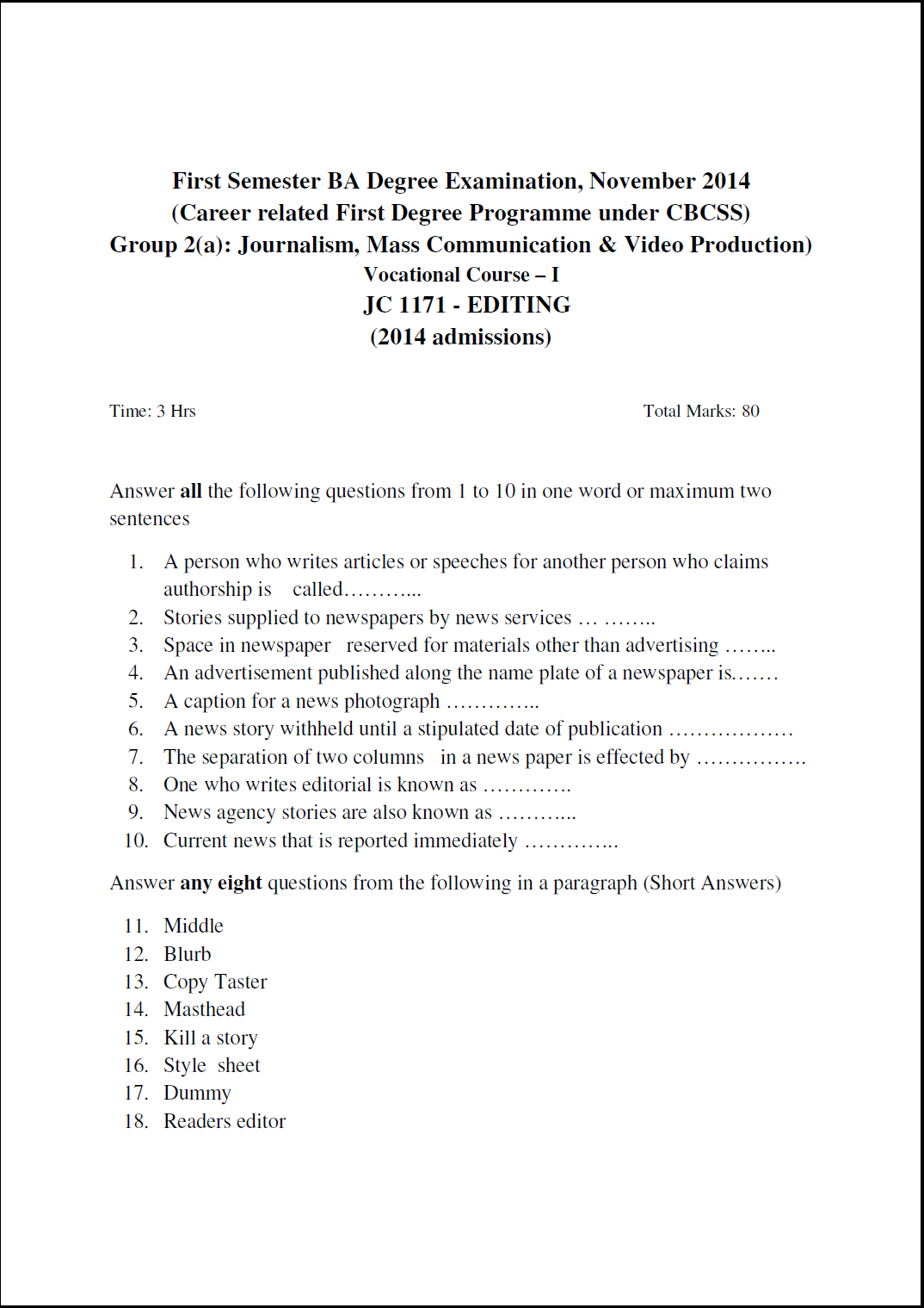 Kerala University BA Editing November 2014 Question Paper University