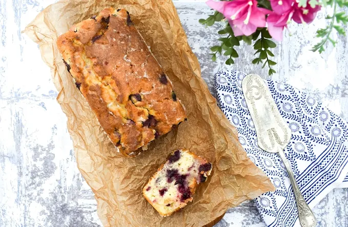 vegan loaf cake with blueberries and lemon