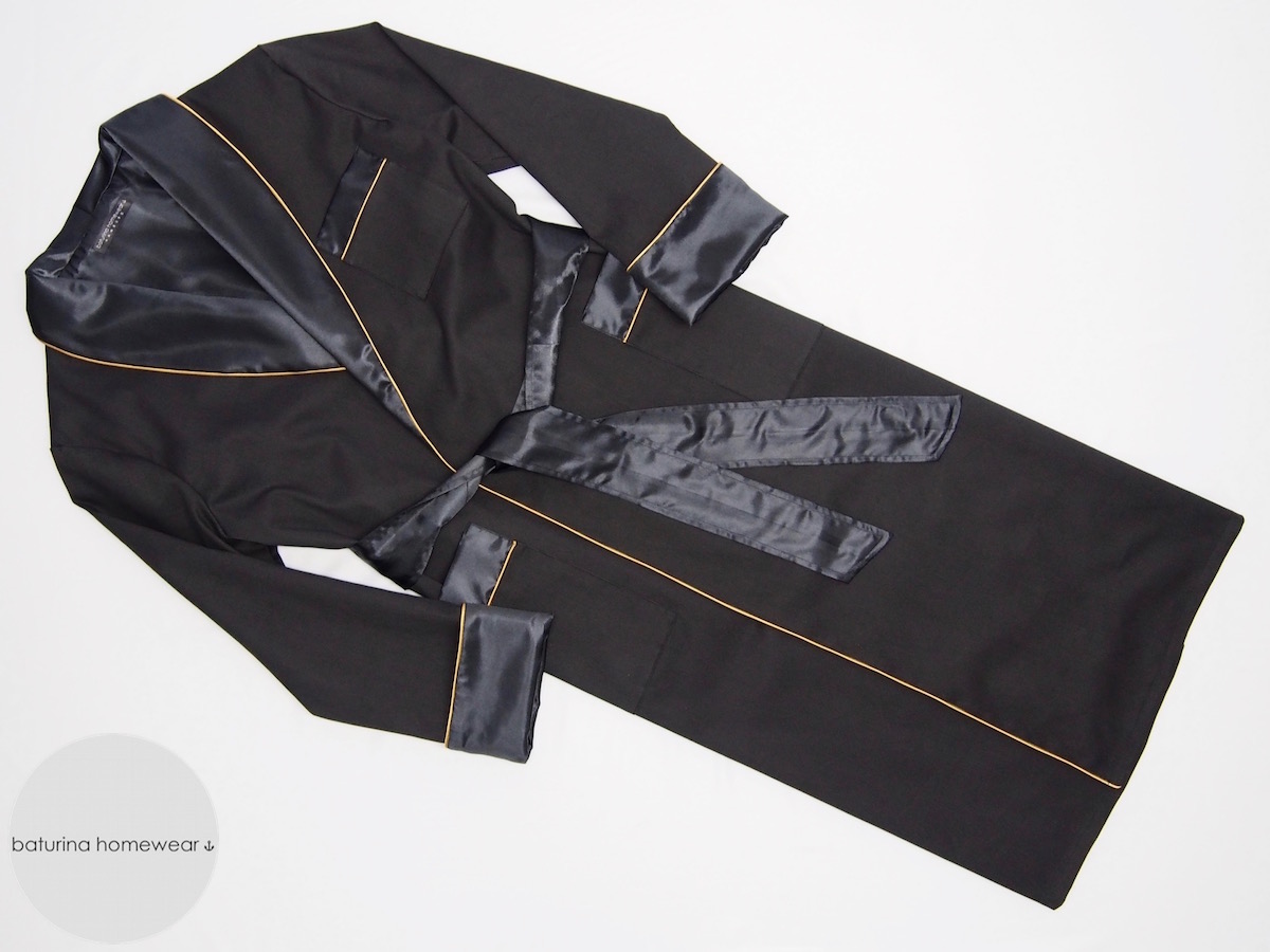 Luxury Black Silk and Cotton Long Men's Dressing Gown