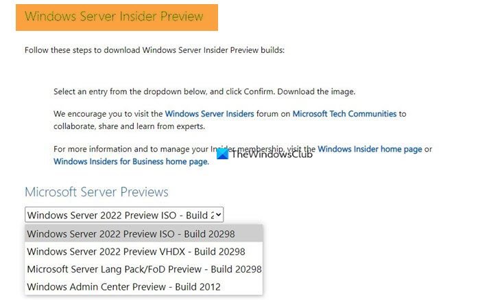 Windows Server Insider 빌드를 다운로드할 수 있는 위치