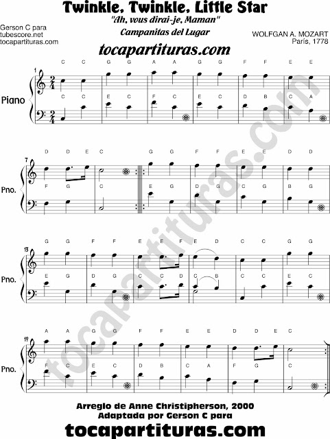 Partitura de Campanita del Lugar partitura para principiantes de piano fácil Easy Twinkle Twinkle little star sheet music for piano beginners