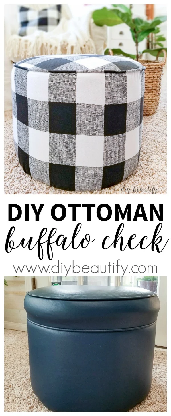 buffalo check covered ottoman before and after | diybeautify.com
