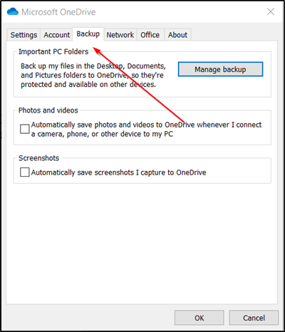 Manca la scheda Backup di OneDrive