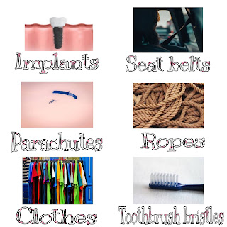 This image shows uses of Nylon-2-Nylon-6 in parachutes,ropes, clothes, toothbrush bristles, implants and seat belts.