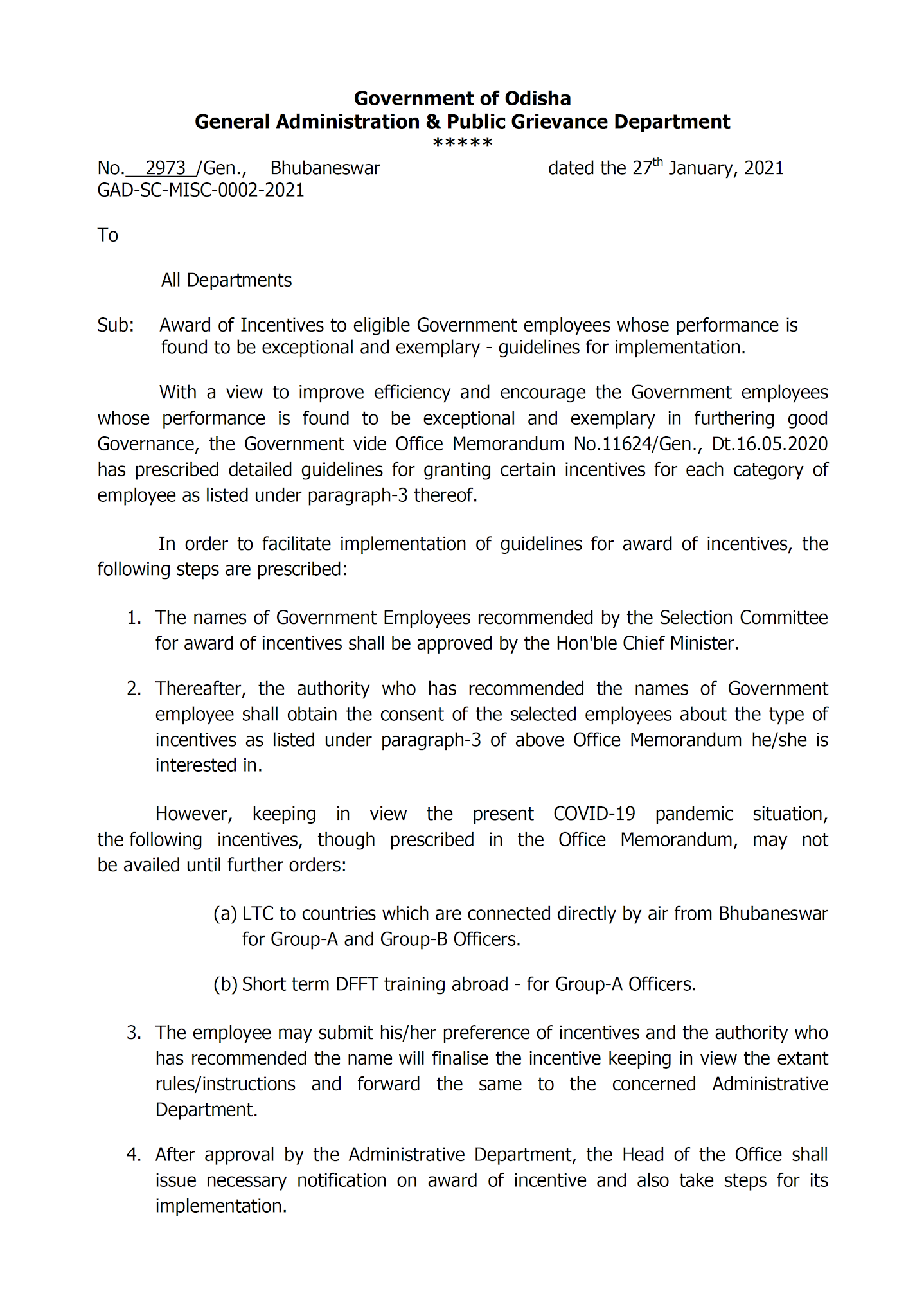 OSS TODAYS Award of incentives to eligible Government Employees