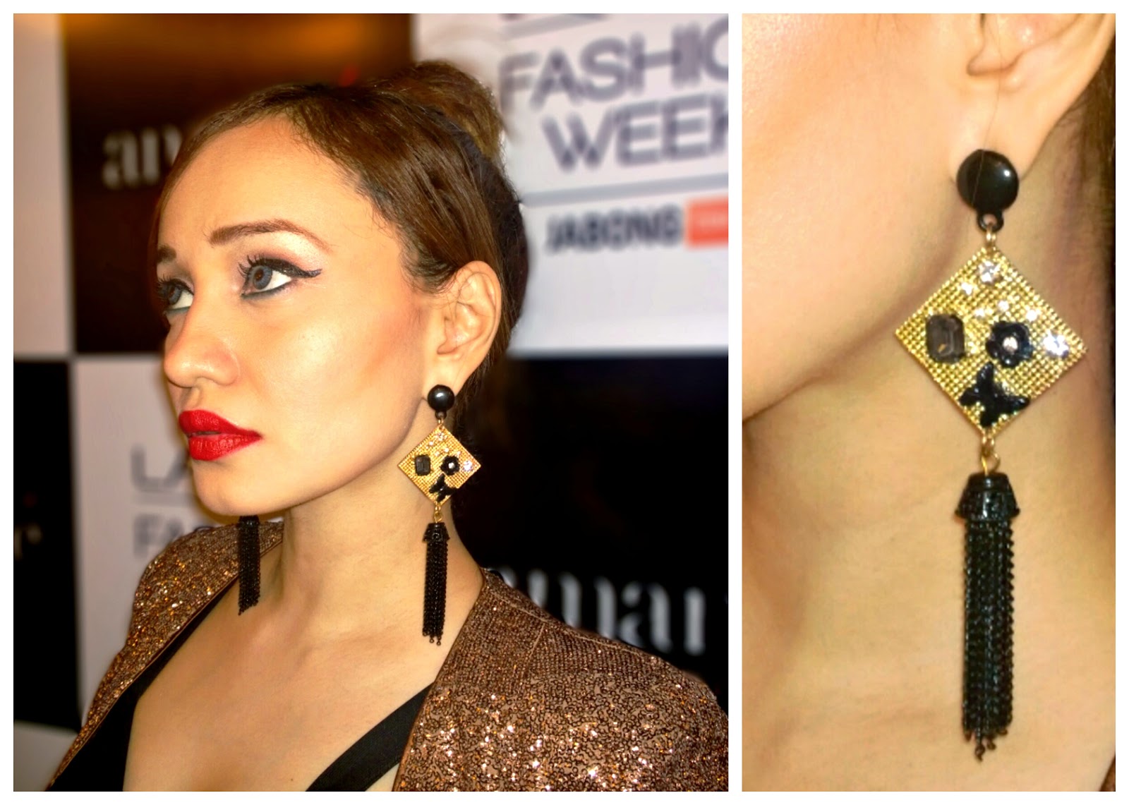 Mac Russian Red Lipstick, Black & Gold Tassel earrings