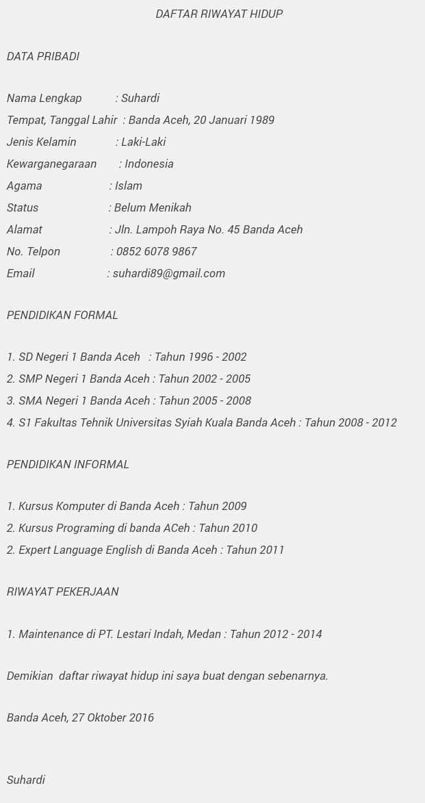 Contoh Daftar Riwayat Hidup Yang Baik Dan Benar 2018