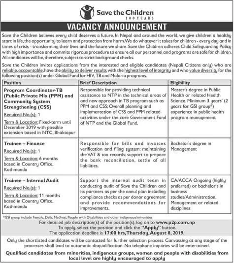 Vacancy at Save the Children for various positions