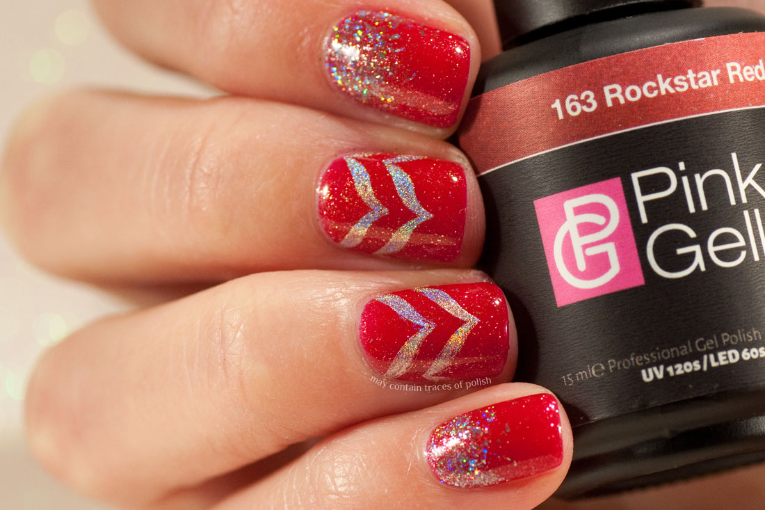 Pink Gellac Rockstar Red Nail Art Design with Chevrons and Glitter gradient