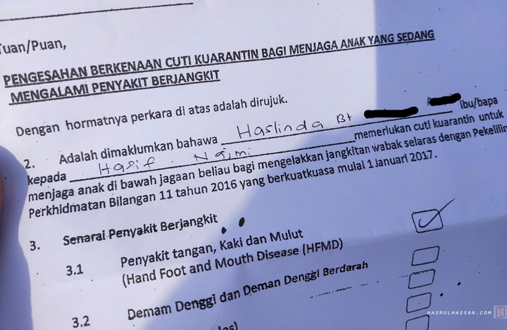 Surat Makluman Cuti Kuarantin Anak Kena Jangkitan Hfmd