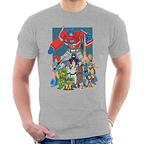 Man wearing a grey T-shirt with 80s cartoon characters