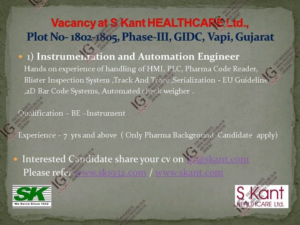 S Kant Healthcare Vapi jobs for Instrumentation Automation Engineer
