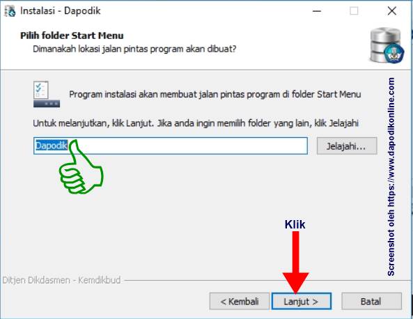 Pilih folder start menu aplikasi dapodik