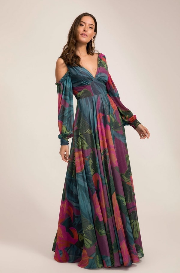 vestido longo estampado para madrinha de casamento pequeno mini wedding