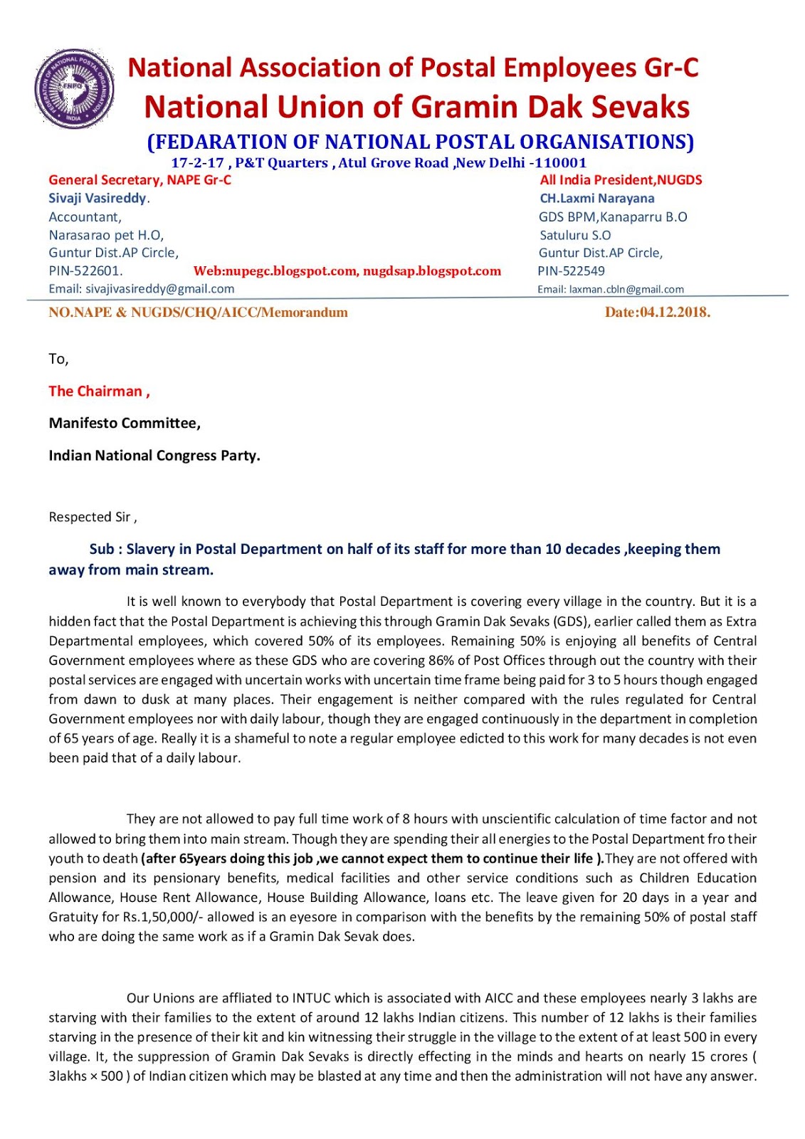 National Union of Gramin Dak Sevaks (FNPO) ,Andhra Pradesh Circle