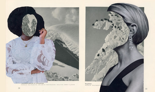 Collage of mountains and women from vintage book